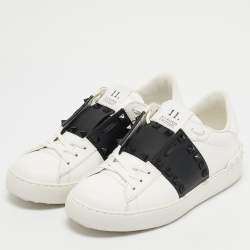 Pre Owned Valentino White/Black Leather Rockstud Low Top Sneakers Size 36.5