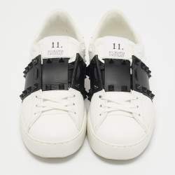 Pre Owned Valentino White/Black Leather Rockstud Low Top Sneakers Size 36.5