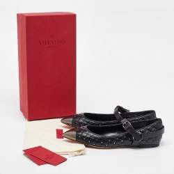 Valentino Black Leather Rockstud Spike Ankle Strap Cap Toe Pointed Ballerina Flats Size 39