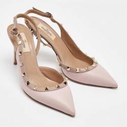 Pre Owned Valentino Pink/Beige Leather Rockstud Ankle Strap Pumps Size 39