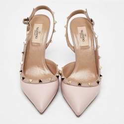 Pre Owned Valentino Pink/Beige Leather Rockstud Ankle Strap Pumps Size 39