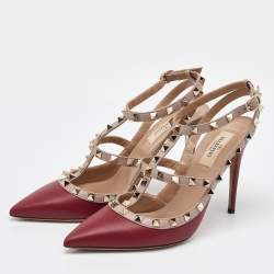 Valentino Red/Pink Leather Rockstud Strappy Pointed Toe Pumps Size Size 39