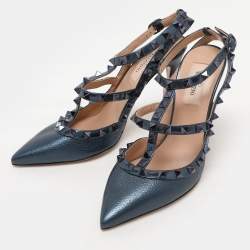 Pre Owned Valentino Blue Leather Rockstud Ankle Strap Pumps Size 37