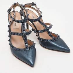Pre Owned Valentino Blue Leather Rockstud Ankle Strap Pumps Size 37