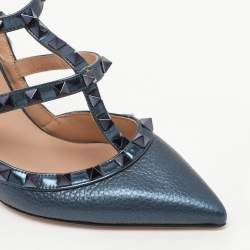 Pre Owned Valentino Blue Leather Rockstud Ankle Strap Pumps Size 37