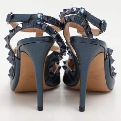 Pre Owned Valentino Blue Leather Rockstud Ankle Strap Pumps Size 37