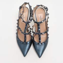 Pre Owned Valentino Blue Leather Rockstud Ankle Strap Pumps Size 37