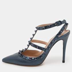Pre Owned Valentino Blue Leather Rockstud Ankle Strap Pumps Size 37