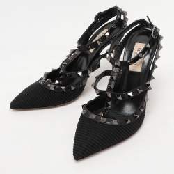 Valentino Black Fabric and Leather Rockstud Ankle Strap Pumps Size 37