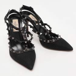 Valentino Black Fabric and Leather Rockstud Ankle Strap Pumps Size 37