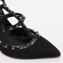 Valentino Black Fabric and Leather Rockstud Ankle Strap Pumps Size 37