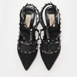 Valentino Black Fabric and Leather Rockstud Ankle Strap Pumps Size 37