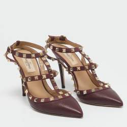 Pre Owned Valentino Burgundy Leather Rockstud Strappy Pointed Toe Pumps Size 38