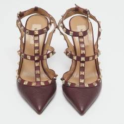 Pre Owned Valentino Burgundy Leather Rockstud Strappy Pointed Toe Pumps Size 38