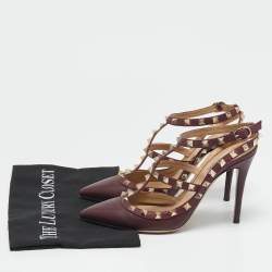 Pre Owned Valentino Burgundy Leather Rockstud Strappy Pointed Toe Pumps Size 38