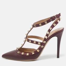 Pre Owned Valentino Burgundy Leather Rockstud Strappy Pointed Toe Pumps Size 38