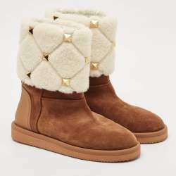 مملوكة مسبقًا Valentino Brown/Cream Suede and Wool Roman Stud Winter Boots Size 40