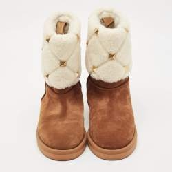مملوكة مسبقًا Valentino Brown/Cream Suede and Wool Roman Stud Winter Boots Size 40