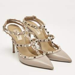 Pre Owned Valentino Beige Leather Rockstud Ankle Strap Pumps Size 38