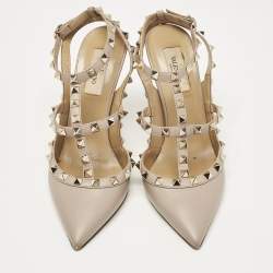 Pre Owned Valentino Beige Leather Rockstud Ankle Strap Pumps Size 38