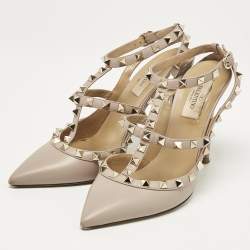 Pre Owned Valentino Beige Leather Rockstud Ankle Strap Pumps Size 38