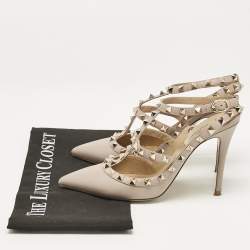 Pre Owned Valentino Beige Leather Rockstud Ankle Strap Pumps Size 38