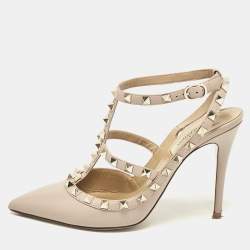 Pre Owned Valentino Beige Leather Rockstud Ankle Strap Pumps Size 38