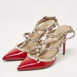 Pre Owned Valentino Red/Beige Patent and Leather Rockstud Ankle Strap Pumps Size 38