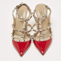 Pre Owned Valentino Red/Beige Patent and Leather Rockstud Ankle Strap Pumps Size 38
