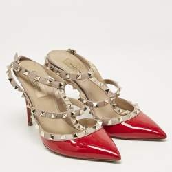 Pre Owned Valentino Red/Beige Patent and Leather Rockstud Ankle Strap Pumps Size 38