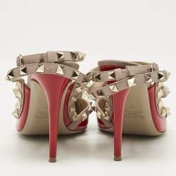 Pre Owned Valentino Red/Beige Patent and Leather Rockstud Ankle Strap Pumps Size 38