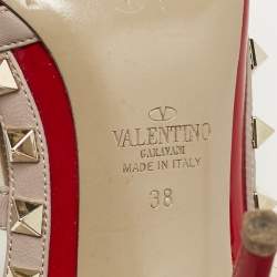 Pre Owned Valentino Red/Beige Patent and Leather Rockstud Ankle Strap Pumps Size 38