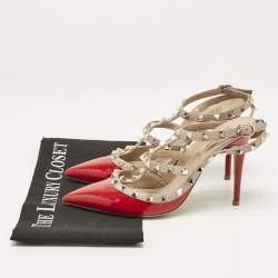 Pre Owned Valentino Red/Beige Patent and Leather Rockstud Ankle Strap Pumps Size 38