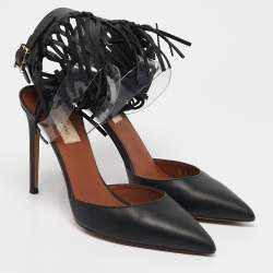 Valentino Black Leather and PVC C-Rockee Fringe Ankle Wrap Pumps Size 37.5