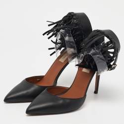 Valentino Black Leather and PVC C-Rockee Fringe Ankle Wrap Pumps Size 37.5