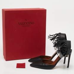 Valentino Black Leather and PVC C-Rockee Fringe Ankle Wrap Pumps Size 37.5