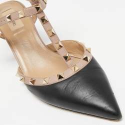 Pre Owned Valentino Black/Pink Leather Rockstud Ankle Strap Pumps Size 41