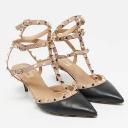 Pre Owned Valentino Black/Pink Leather Rockstud Ankle Strap Pumps Size 41