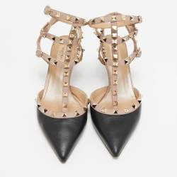 Pre Owned Valentino Black/Pink Leather Rockstud Ankle Strap Pumps Size 41