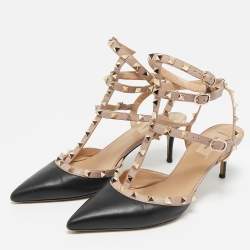 Pre Owned Valentino Black/Pink Leather Rockstud Ankle Strap Pumps Size 41