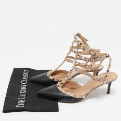 Pre Owned Valentino Black/Pink Leather Rockstud Ankle Strap Pumps Size 41