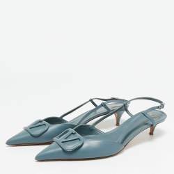 Pre Owned Valentino Blue Leather VLogo Slingback Pumps Size 41