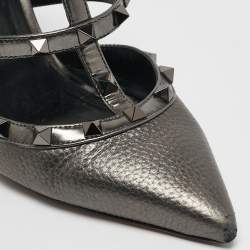 Valentino Metallic Grey Leather Rockstud Mules Size 39