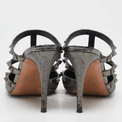 Valentino Metallic Grey Leather Rockstud Mules Size 39