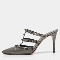 Valentino Metallic Grey Leather Rockstud Mules Size 39