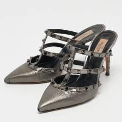 Valentino Metallic Grey Leather Rockstud Mules Size 39