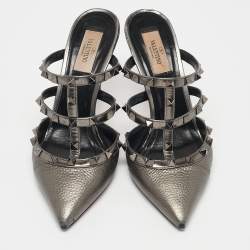 Valentino Metallic Grey Leather Rockstud Mules Size 39
