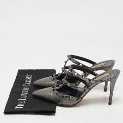 Valentino Metallic Grey Leather Rockstud Mules Size 39