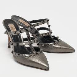 Valentino Metallic Grey Leather Rockstud Mules Size 39