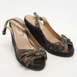 Valentino Black/Beige Lace Bow Slingback Wedge Espadrille Sandals Size 36.5